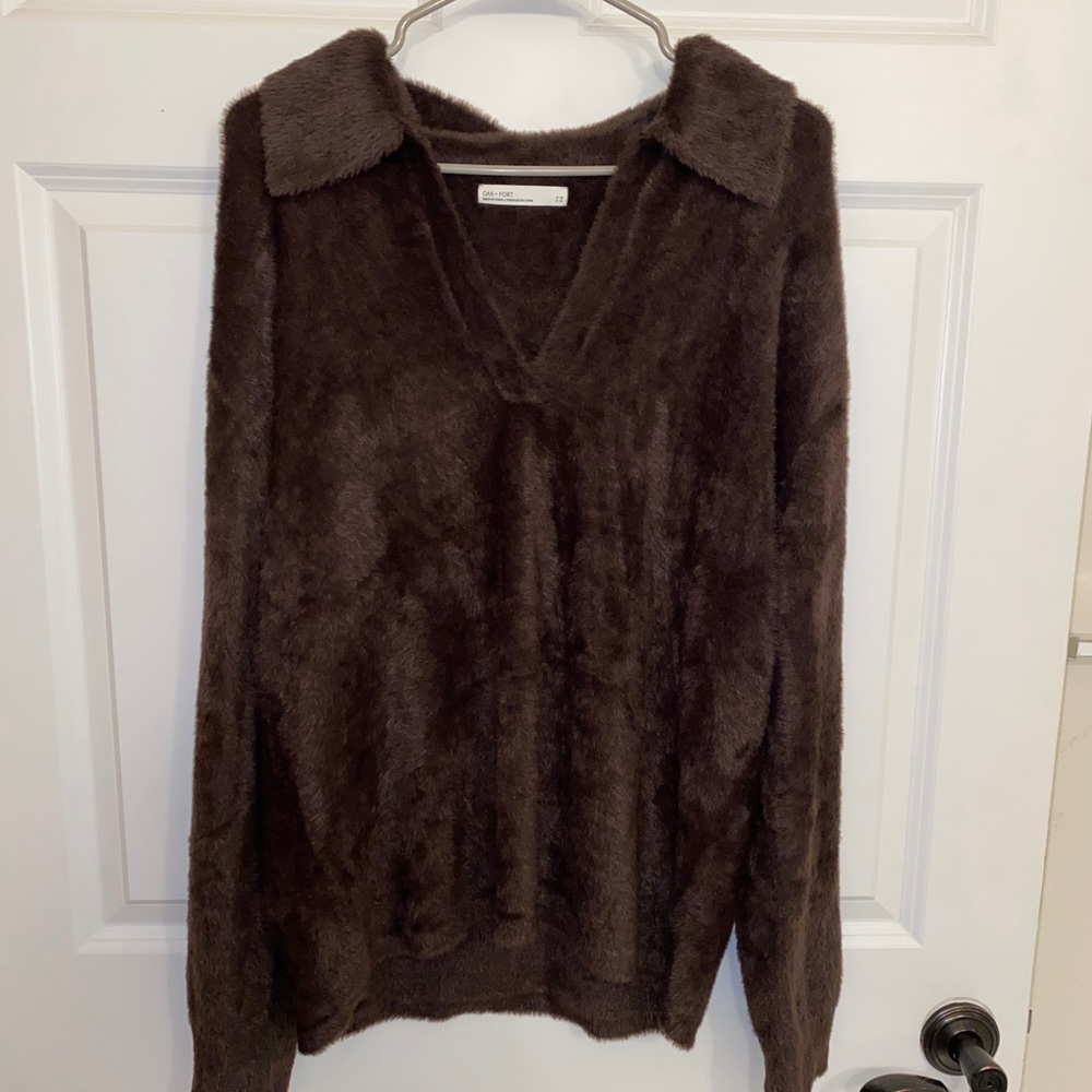Oak and Fort Fuzzy Brown Collared Sweater